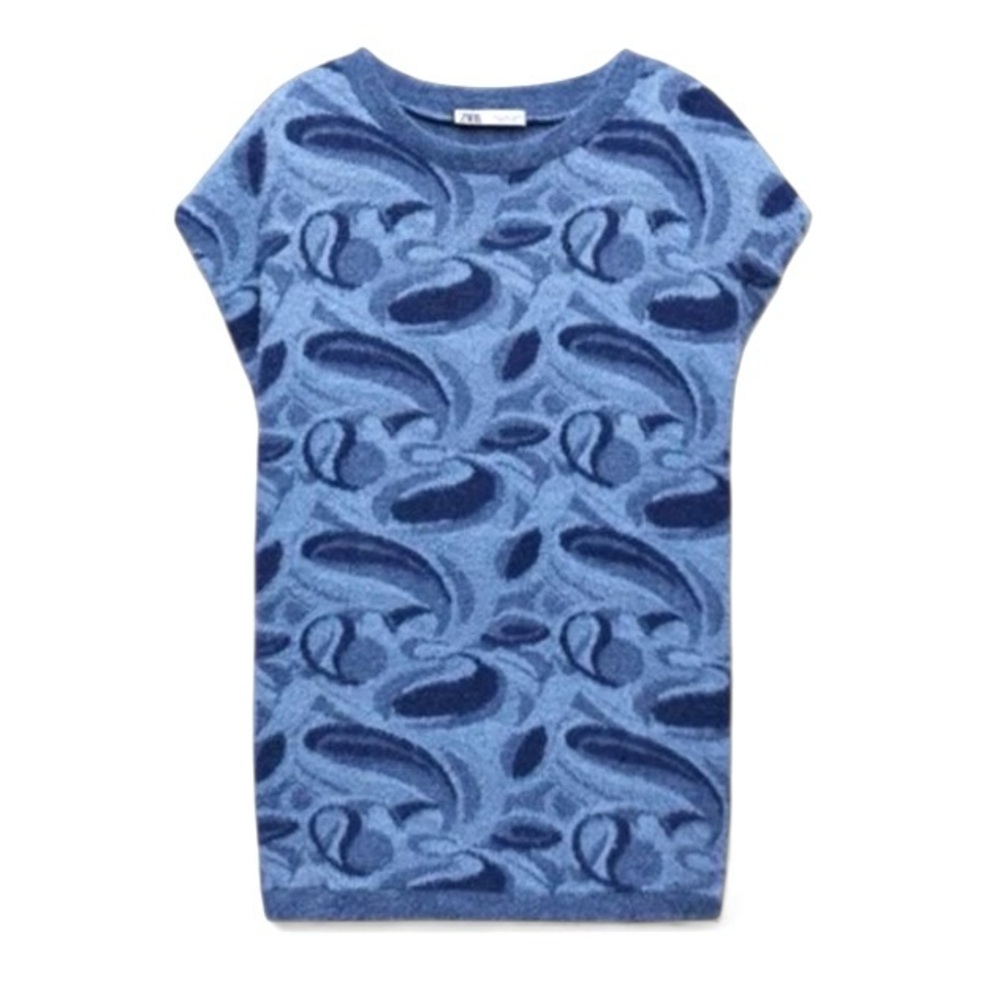 ZARA Fuzzy Sleeveless Sweater Vest Top Blue Paisley S NWOT